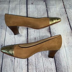 Tan Suede Pump with Ornate Golden Detail